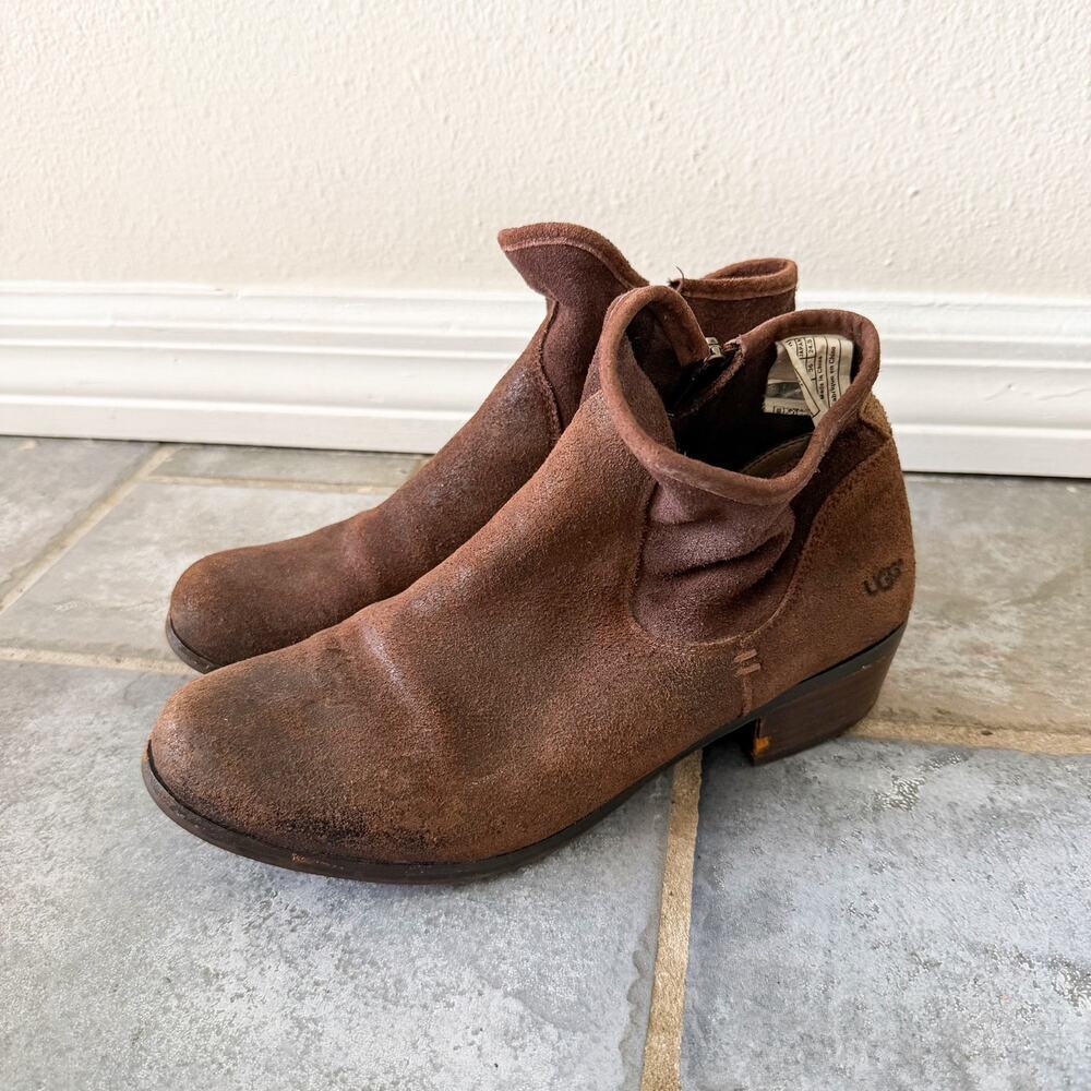 UGG Brown Suede Ankle Booties Zip Low Heel Women’s Size 6